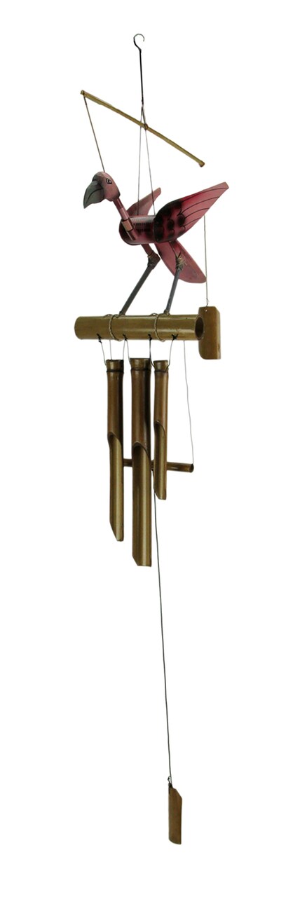 Hand Carved Wood and Bamboo Bobbing Head Pink Flamingo Wind Chime